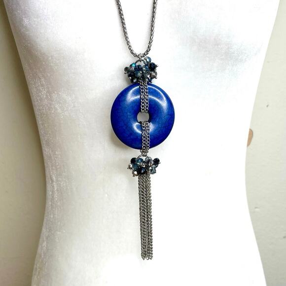 Large Cobalt Blue Donut Dangle Fringe Pendant Necklace - Picture 3 of 3